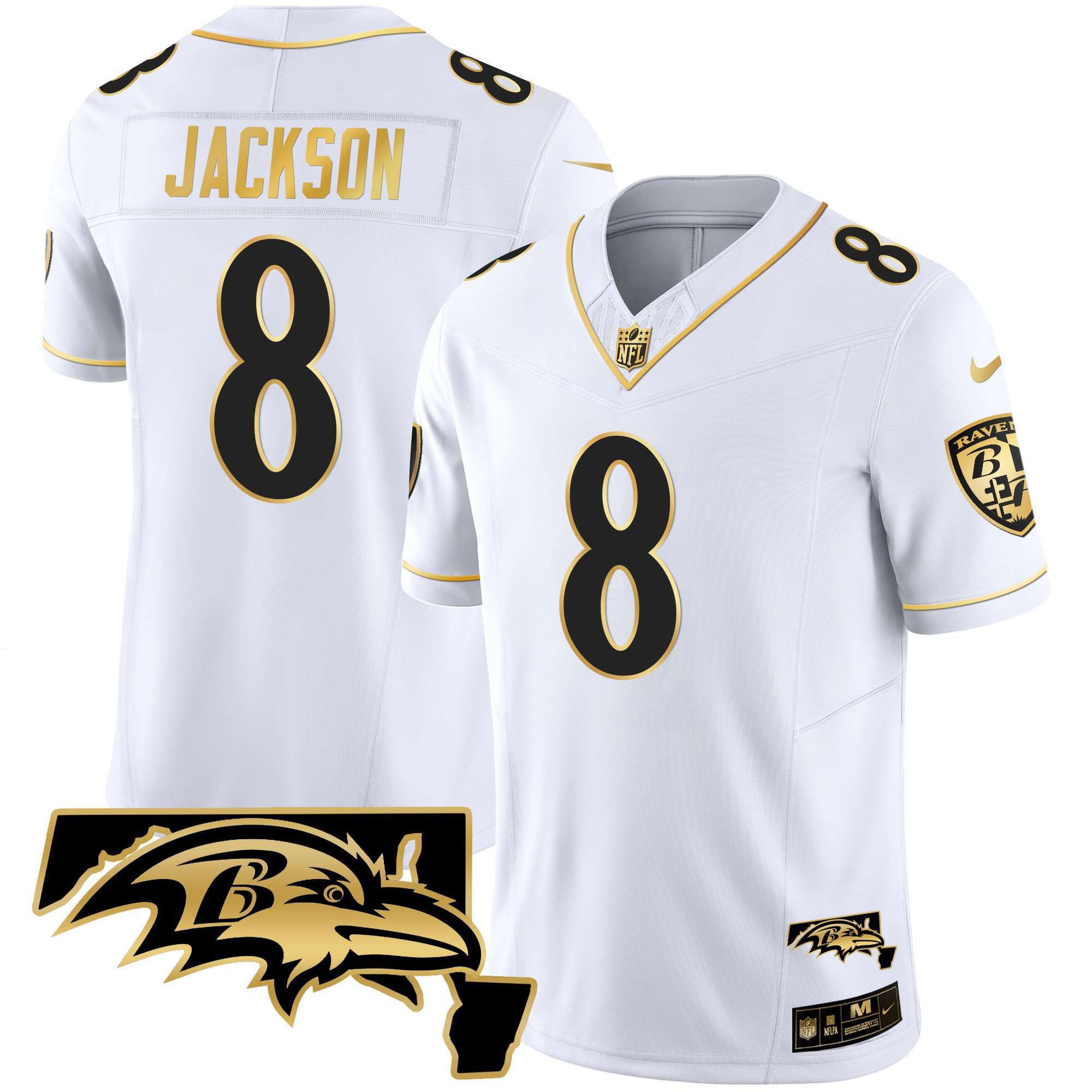 Men Baltimore Ravens #8 Jackson White Gold 2024 Nike Maryland Patch Vapor Limited NFL Jersey->indianapolis colts->NFL Jersey